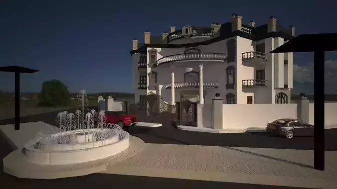 villa house with fountain