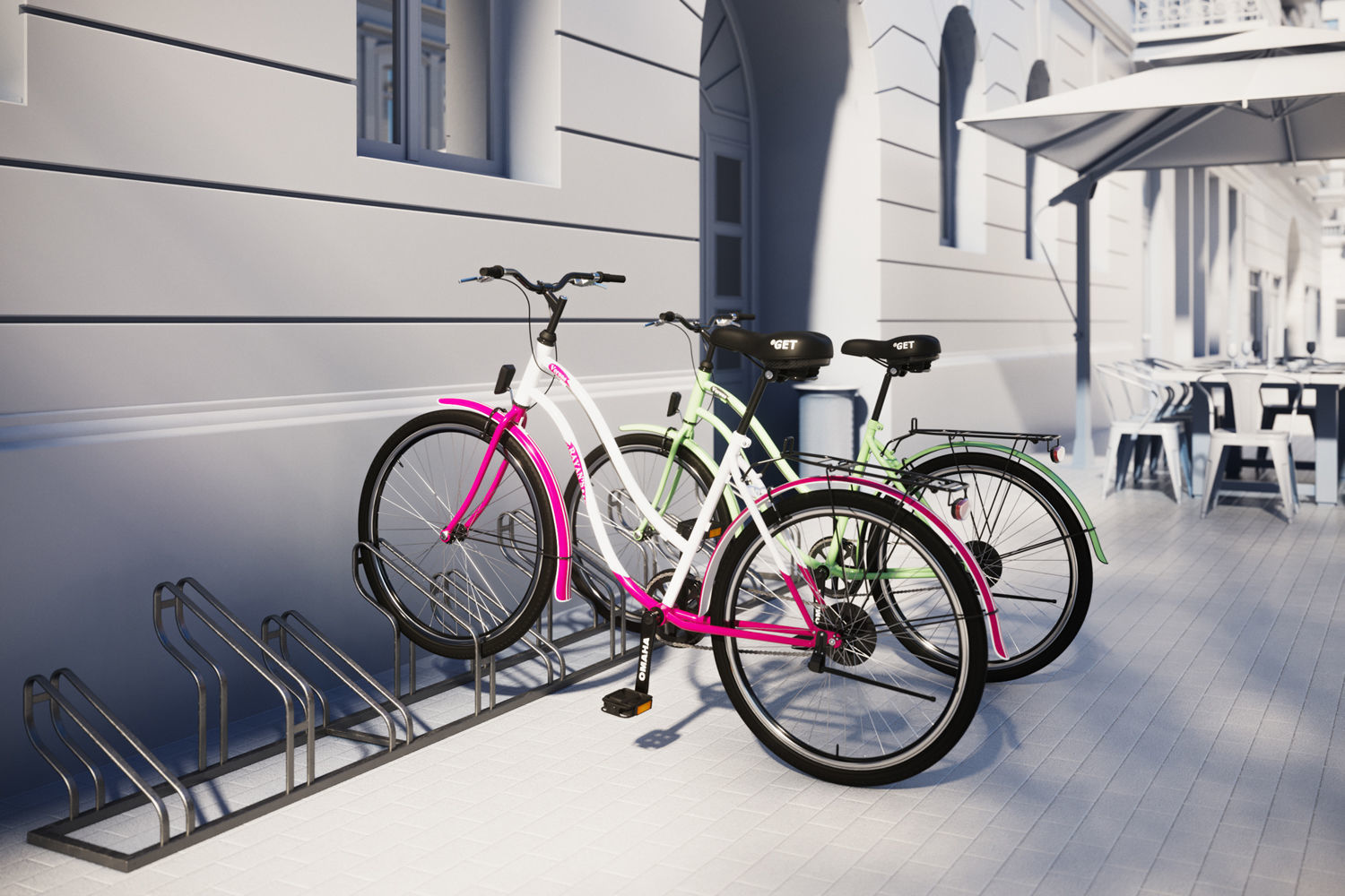 Bike stand with two colorful bikes 3D model_1