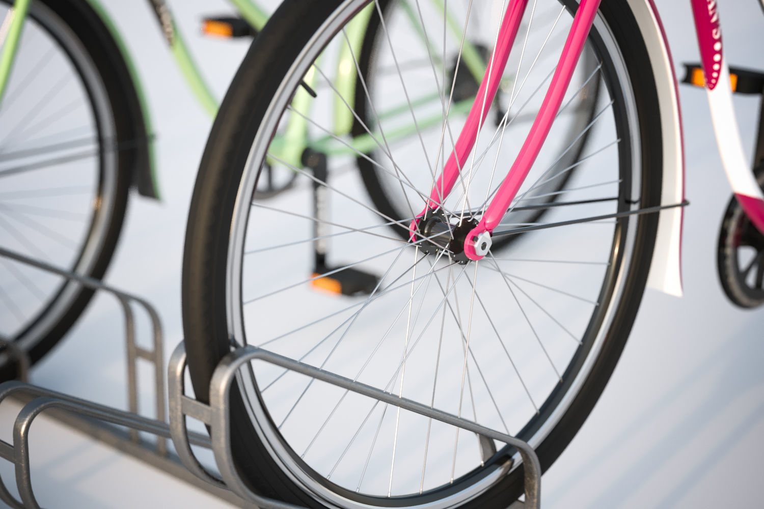 Bike stand with two colorful bikes 3D model_3