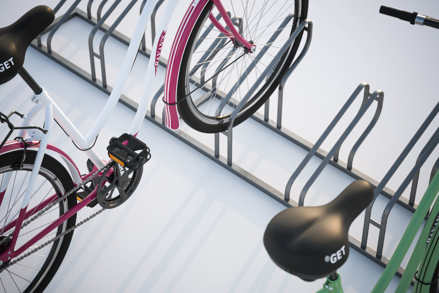 Bike stand with two colorful bikes 3D model_2