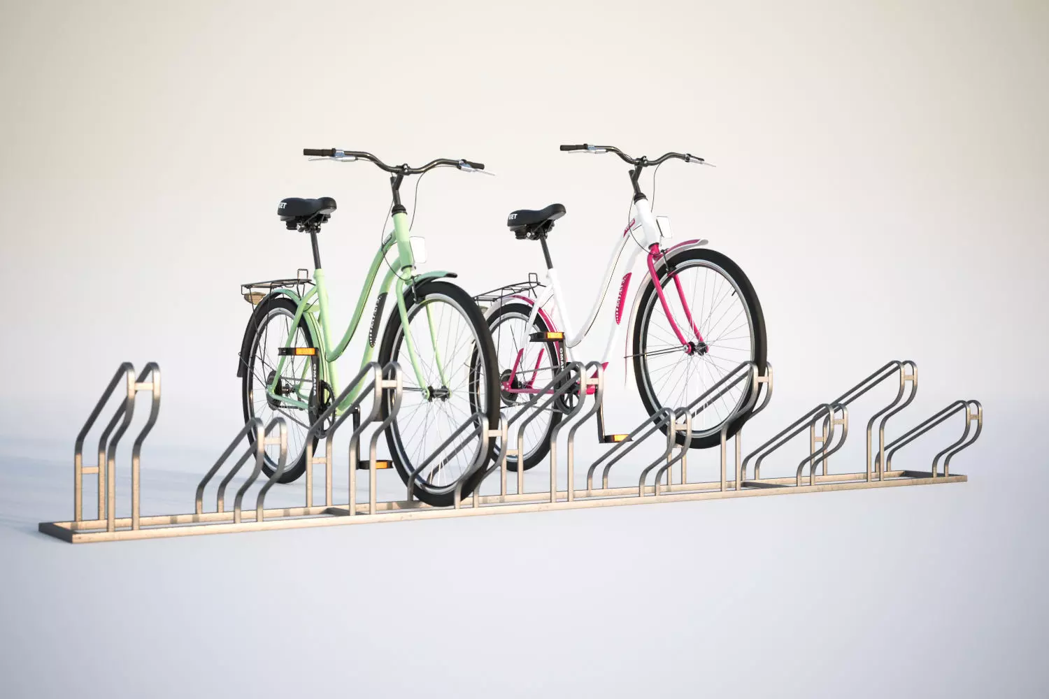 Bike stand with two colorful bikes 3D model_0