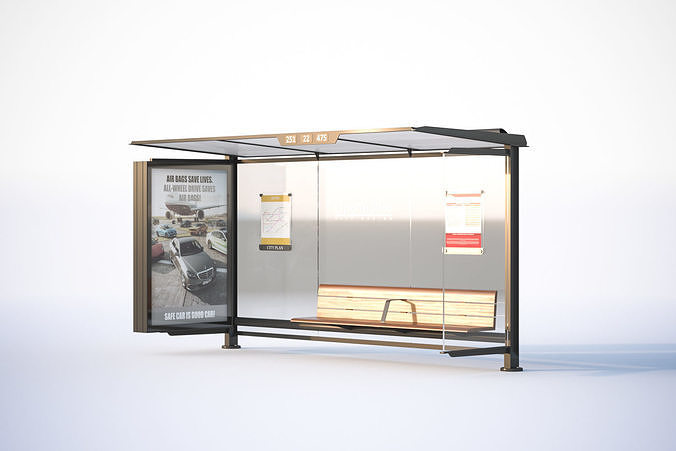 Bus stop with wooden bench 3D model