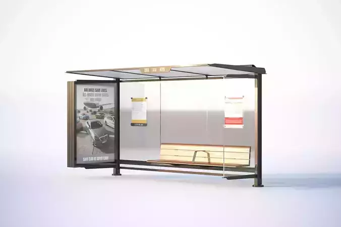 Bus stop with wooden bench