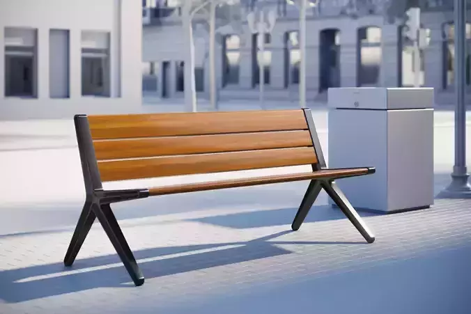 Wooden bench on four metal legs