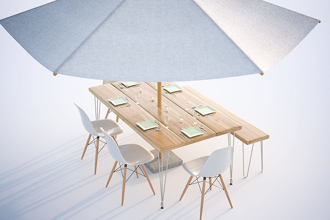 Restaurant set with wooden bench 3D model
