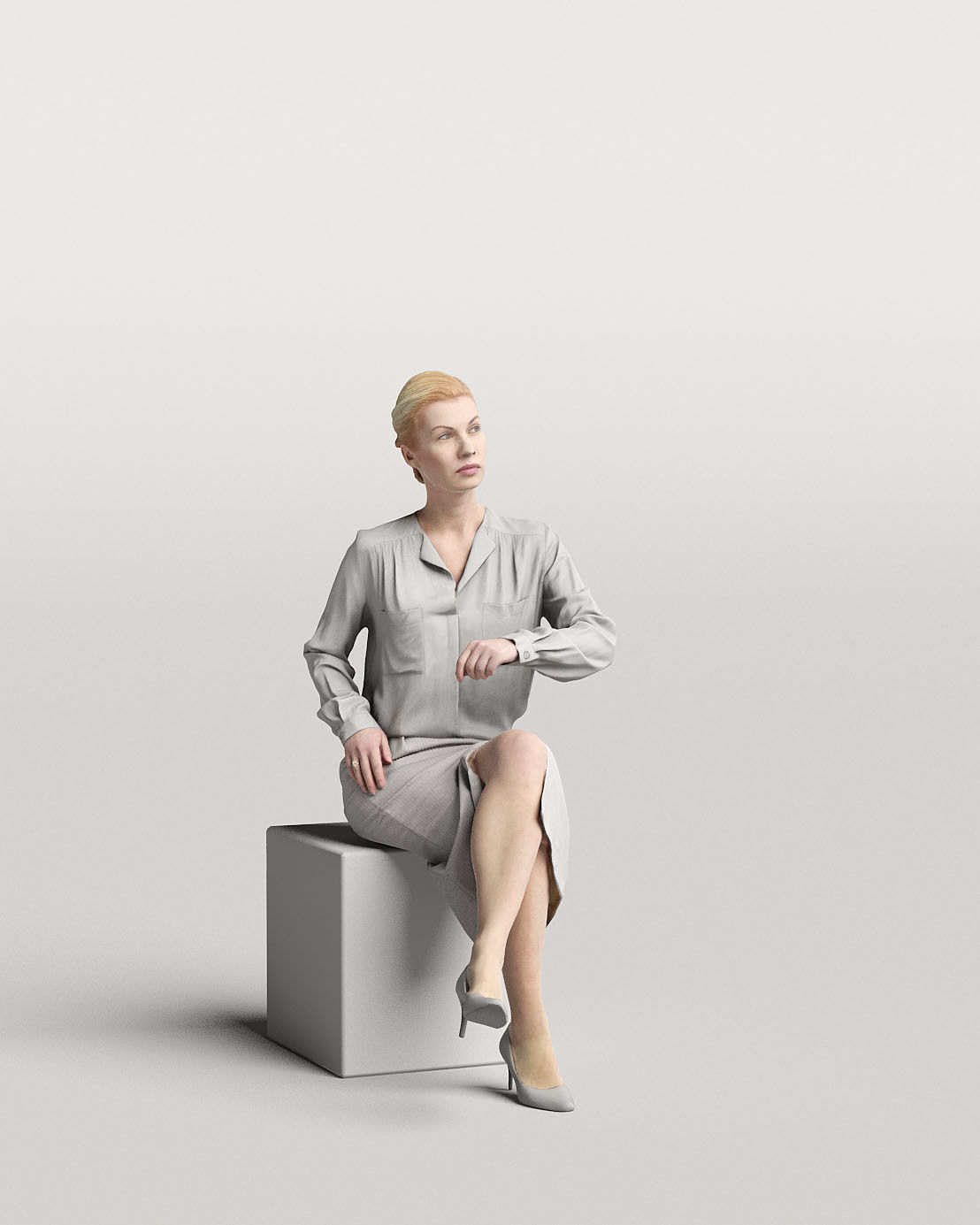 Humano Elegant business woman in skirt sitting and looking 0113 3D model_2