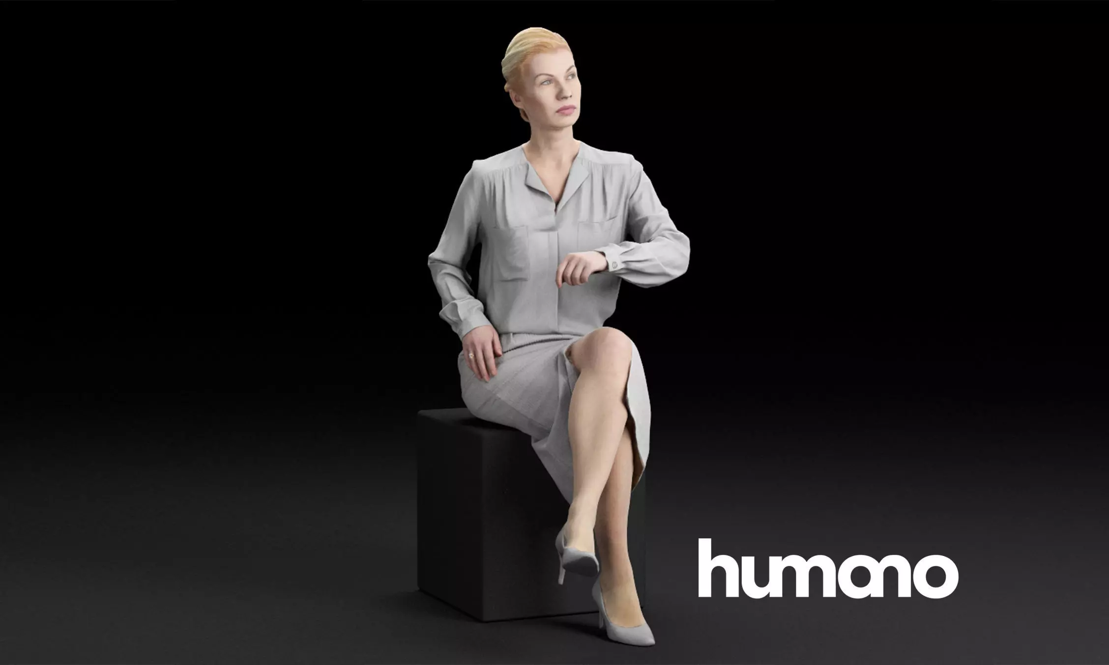 Humano Elegant business woman in skirt sitting and looking 0113 3D model_0