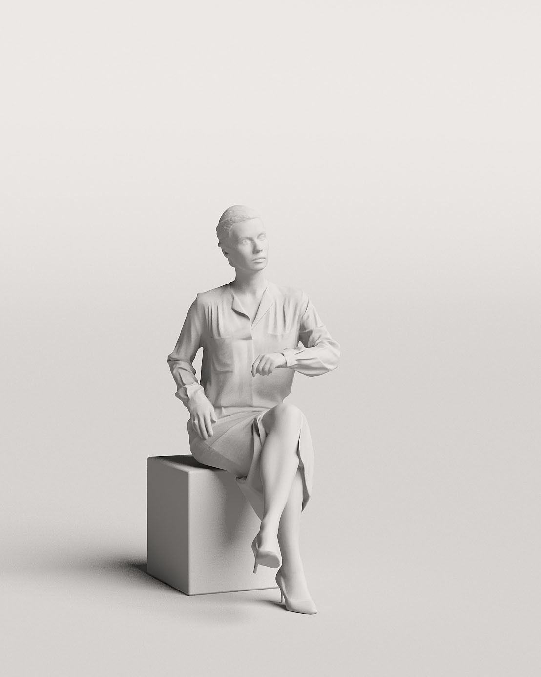 Humano Elegant business woman in skirt sitting and looking 0113 3D model_3