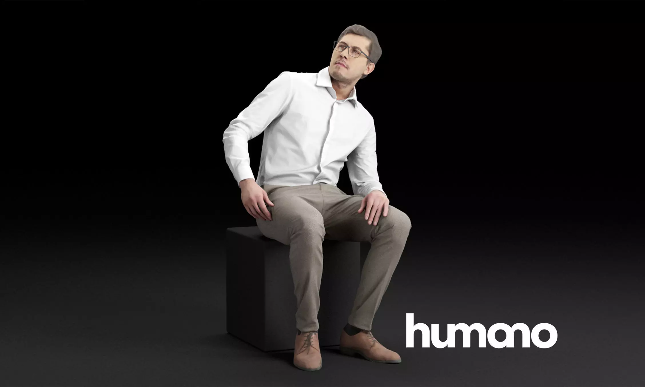 Humano Elegant business man in shirt sitting and looking 0115 3D model_0