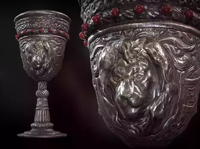 The Old Goblet with lion design and red stones Low-poly 3D model