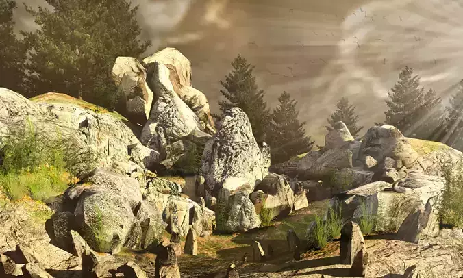 Low Poly Realistic Rocks Game Ready landscape with and trees