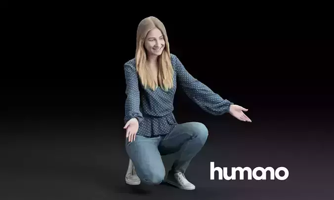 Humano Casual  woman in a blue blouse squat and welcoming 0206 3D model