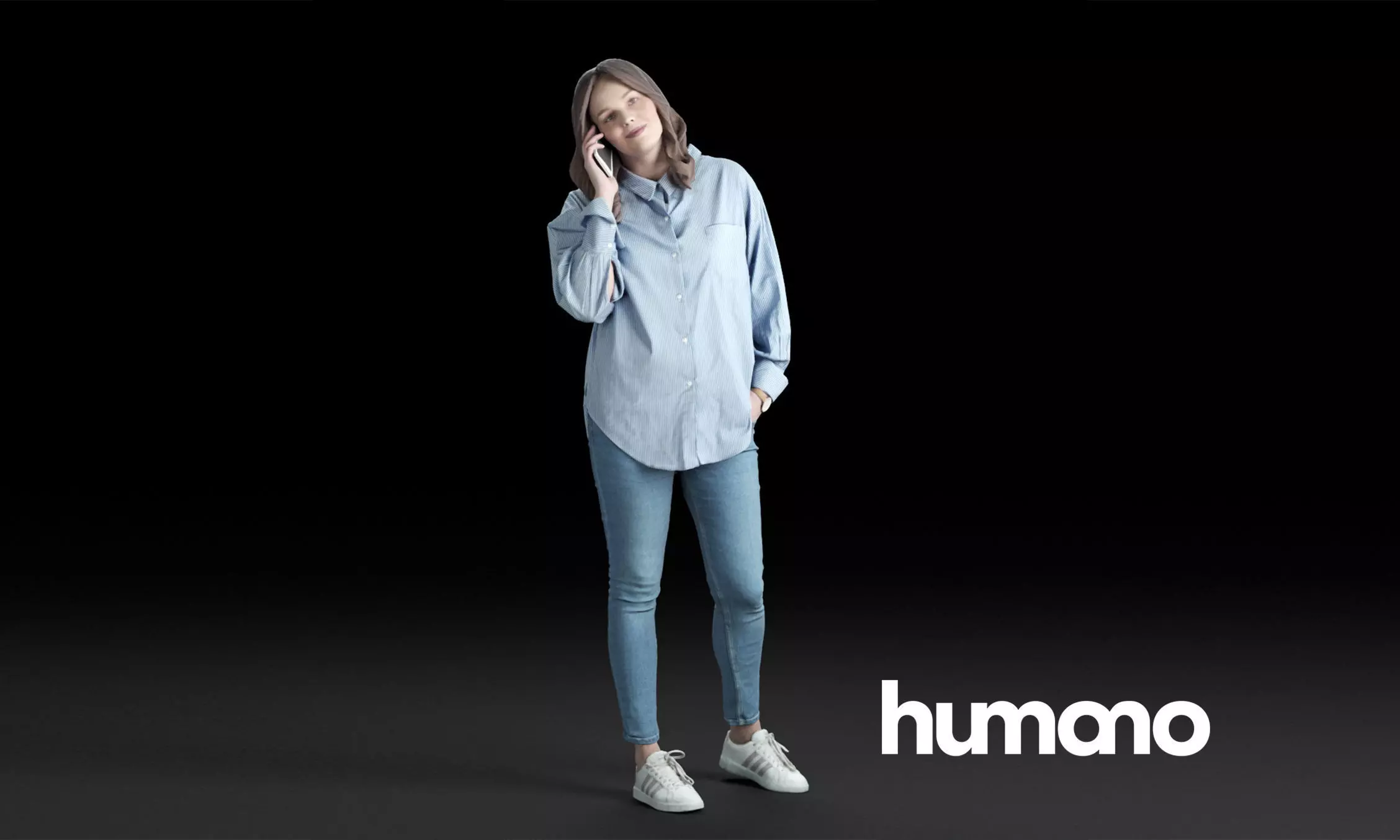 Humano Casual woman in blue shirt standing and calling 0212 3D model_0