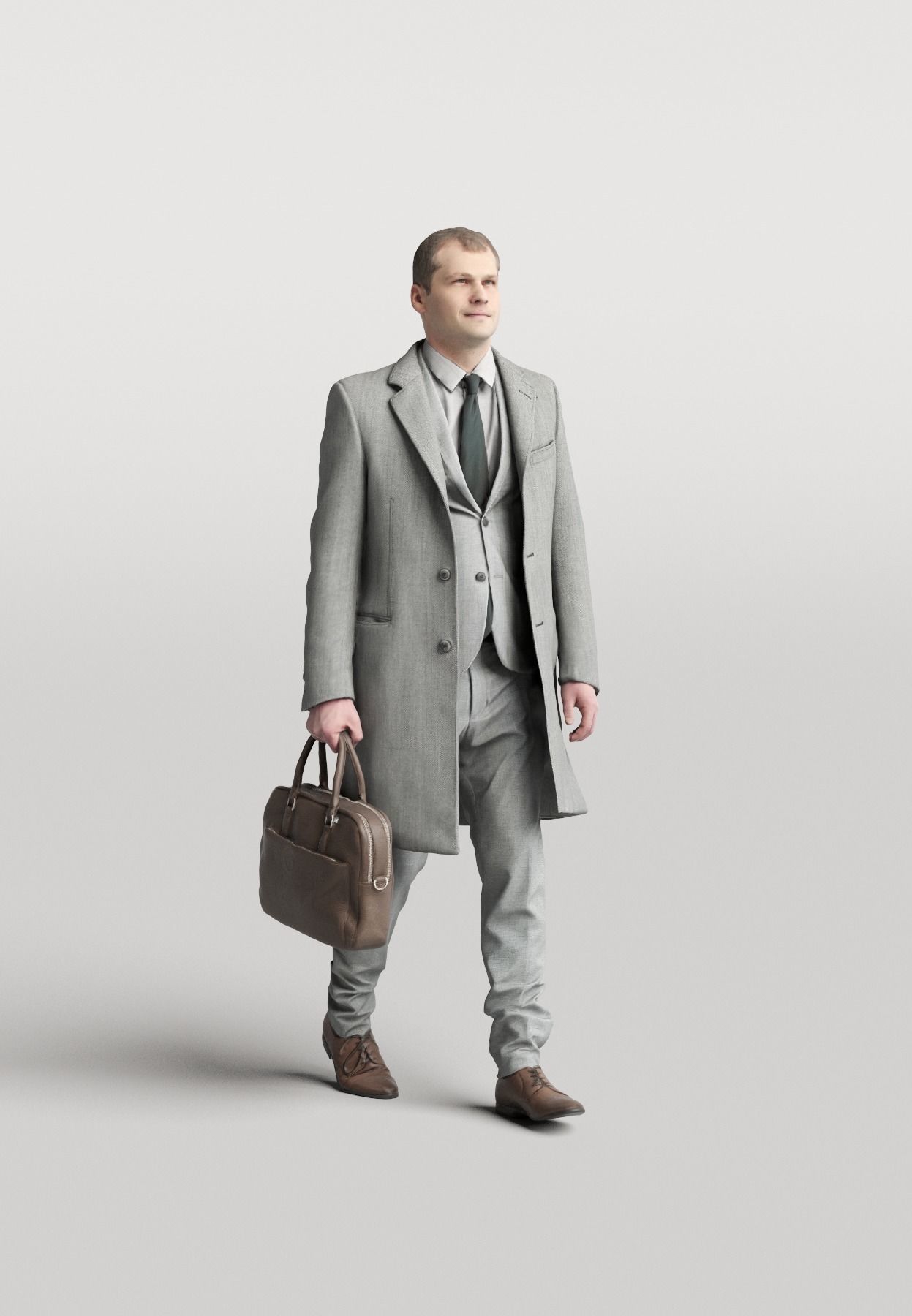Humano Elegant man in a coat walking with a suitcase 0303 3D model_2