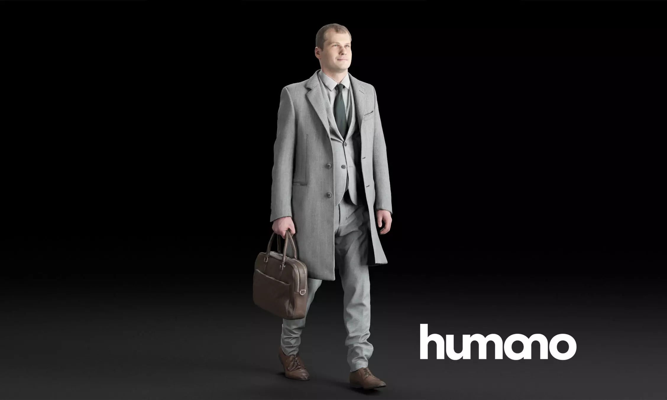 Humano Elegant man in a coat walking with a suitcase 0303 3D model_0