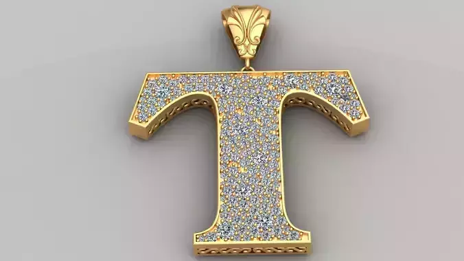 T Letter Diamond Gold Pendant Necklace 3D print model