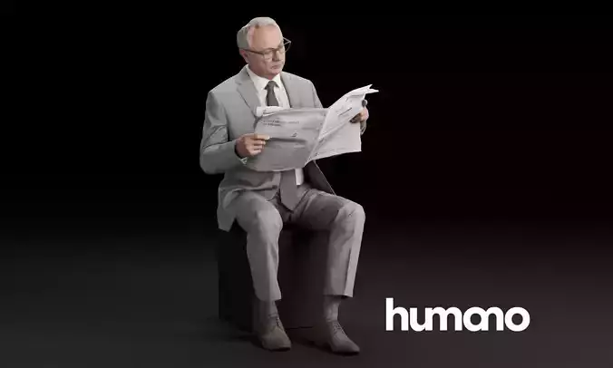 Humano Elegant old man in suit sitting reading a newspaper 0319 3D model