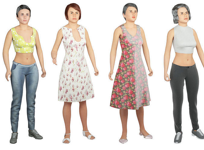 4x Woman models real cloth simulation conversation loop animated 3D Model Collection