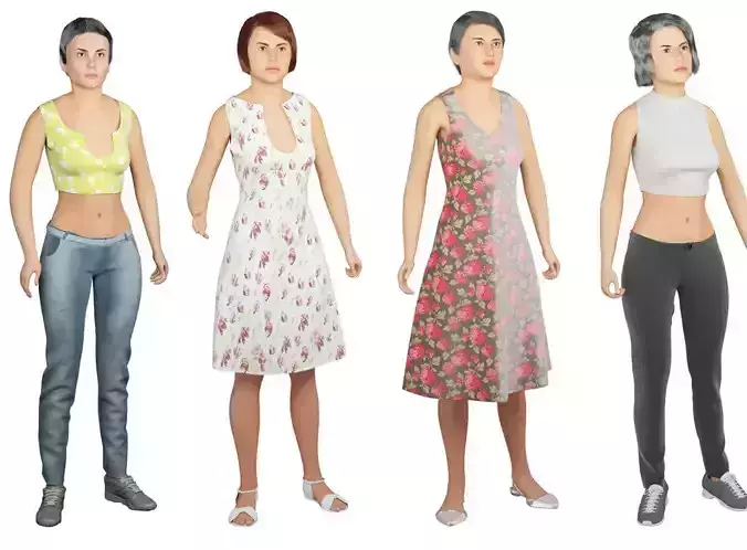 4x Woman models real cloth simulation conversation loop animated 3D Model Collection