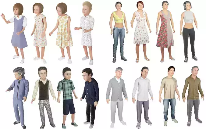 Family 16x models real cloth simulation conversation animation 3D Model Collection