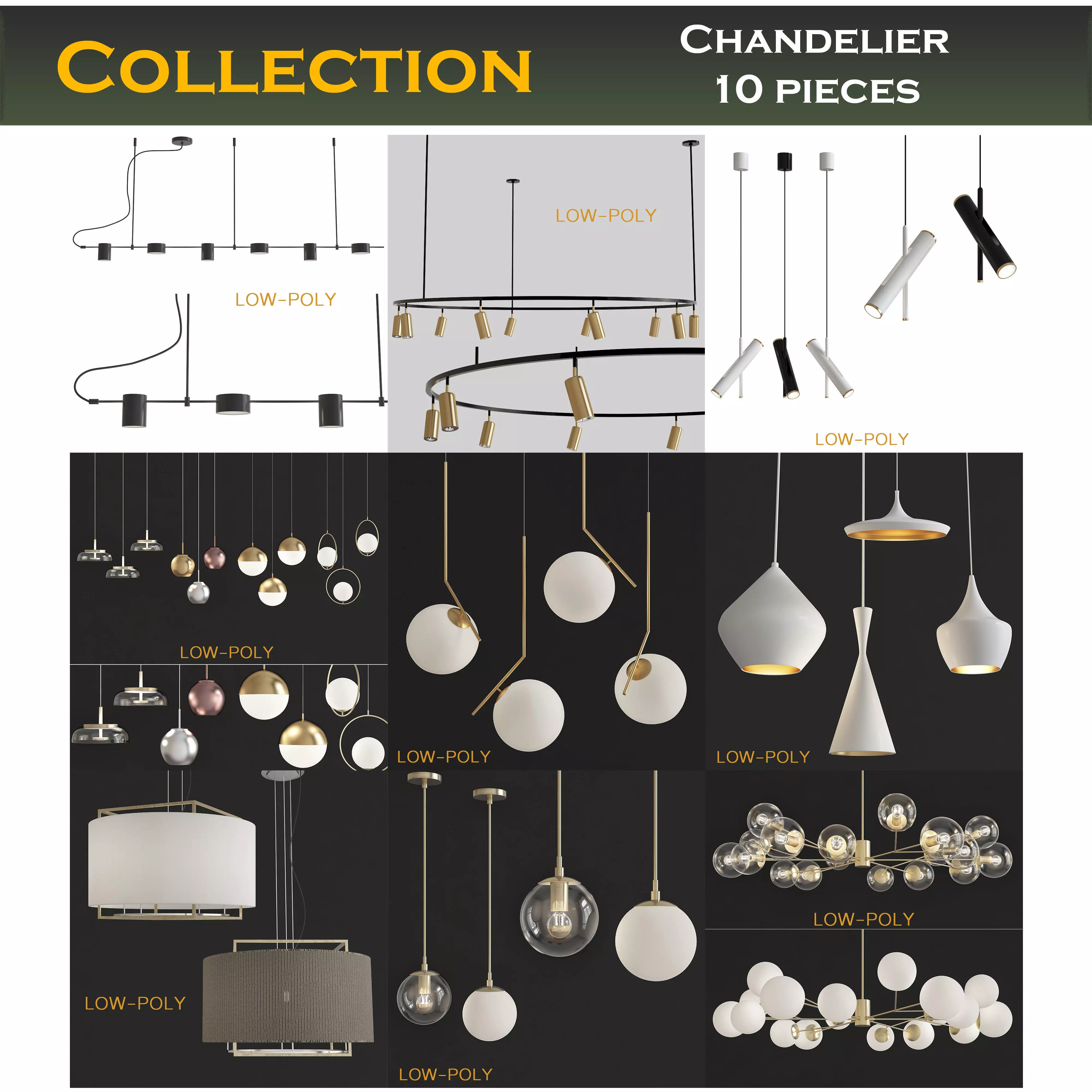 Chandelier collection 3d model different lighting fixtures Low-poly 3D model_0