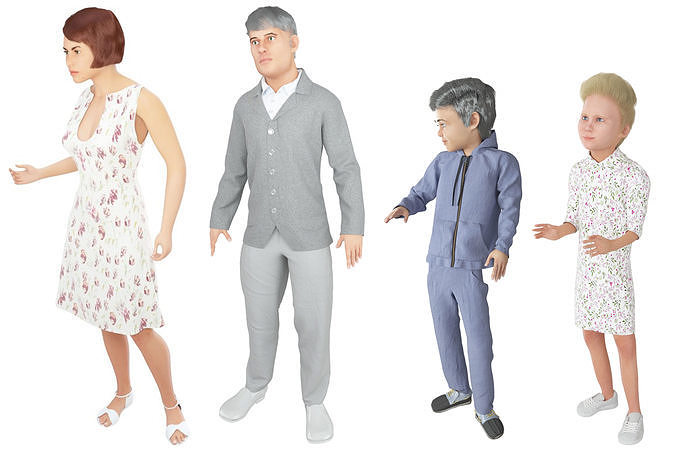 Family 4x models real cloth simulation conversation animation 1 3D Model Collection
