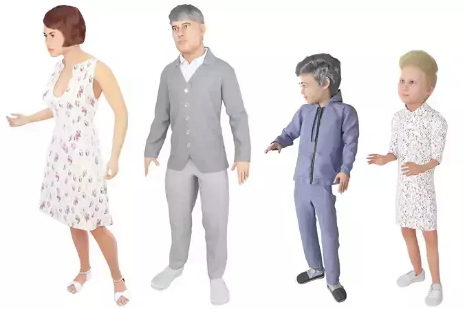 Family 4x models real cloth simulation conversation animation 1 3D Model Collection