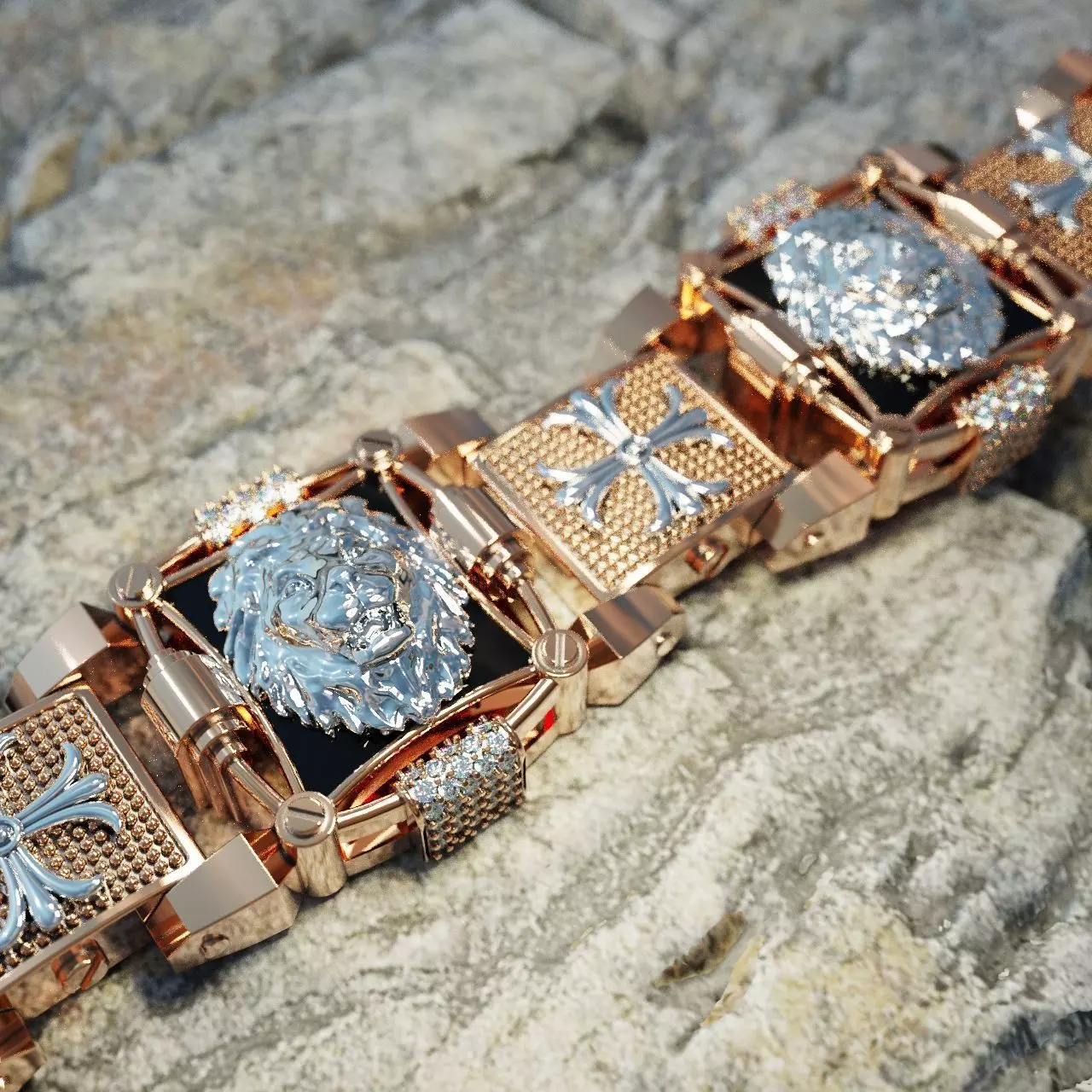 Elegant Lion Head Bracelet with Sparkling Diamond Detail 3D print model