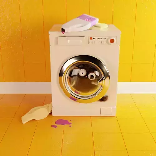 Cat in washing machine in yellow bathroom