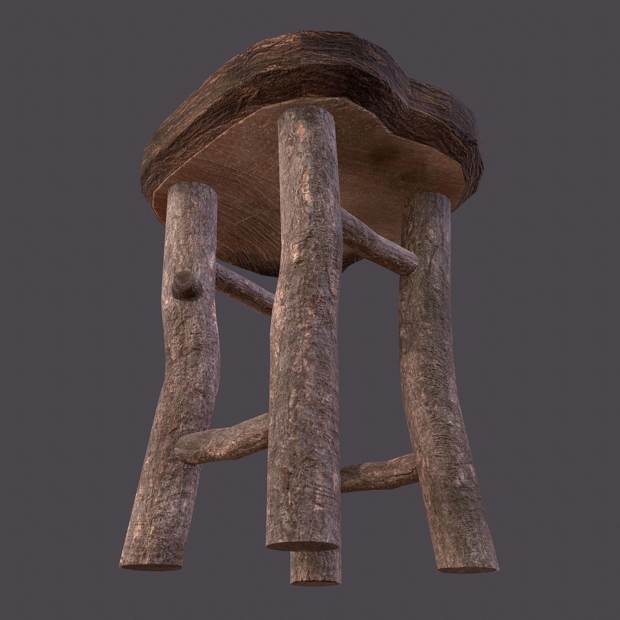 Medieval Wooden Bar Stool Low-poly 3D model_16