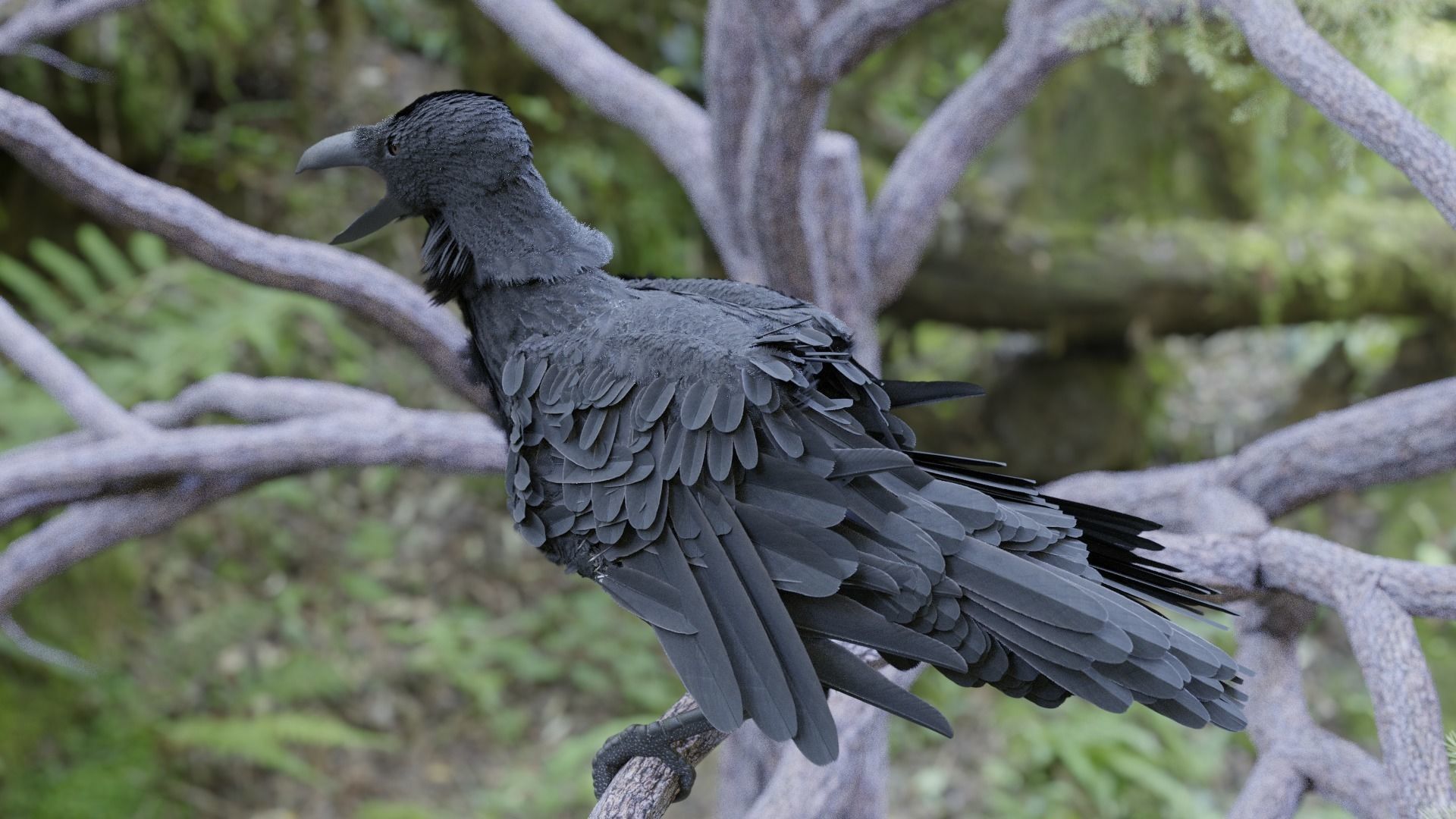raven paper sculpture of crow perched on branch in forest 3D model_6