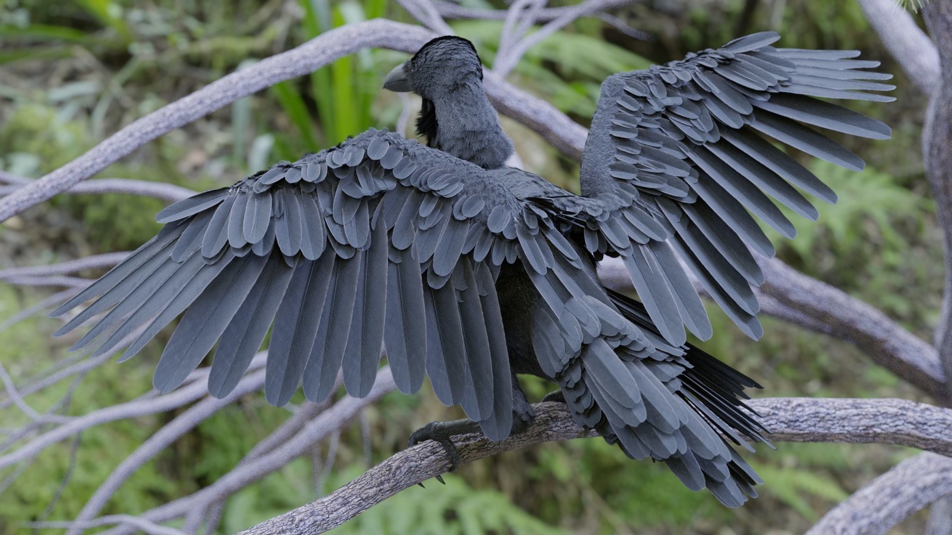 raven paper sculpture of crow perched on branch in forest 3D model_4