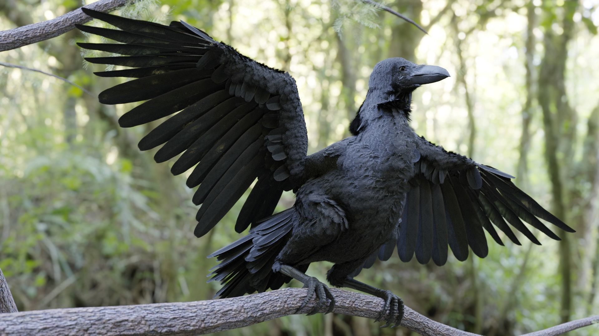 raven paper sculpture of crow perched on branch in forest 3D model_5