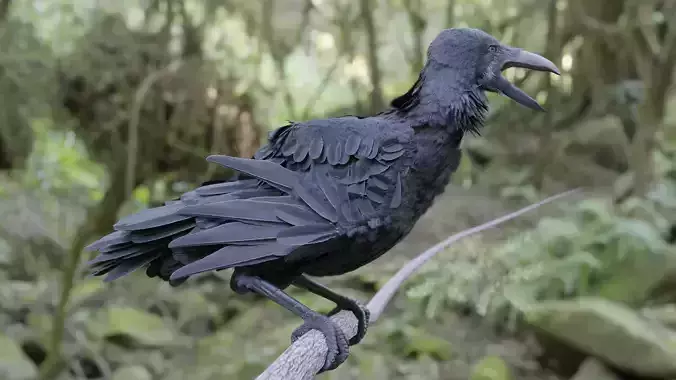 raven paper sculpture of crow perched on branch in forest