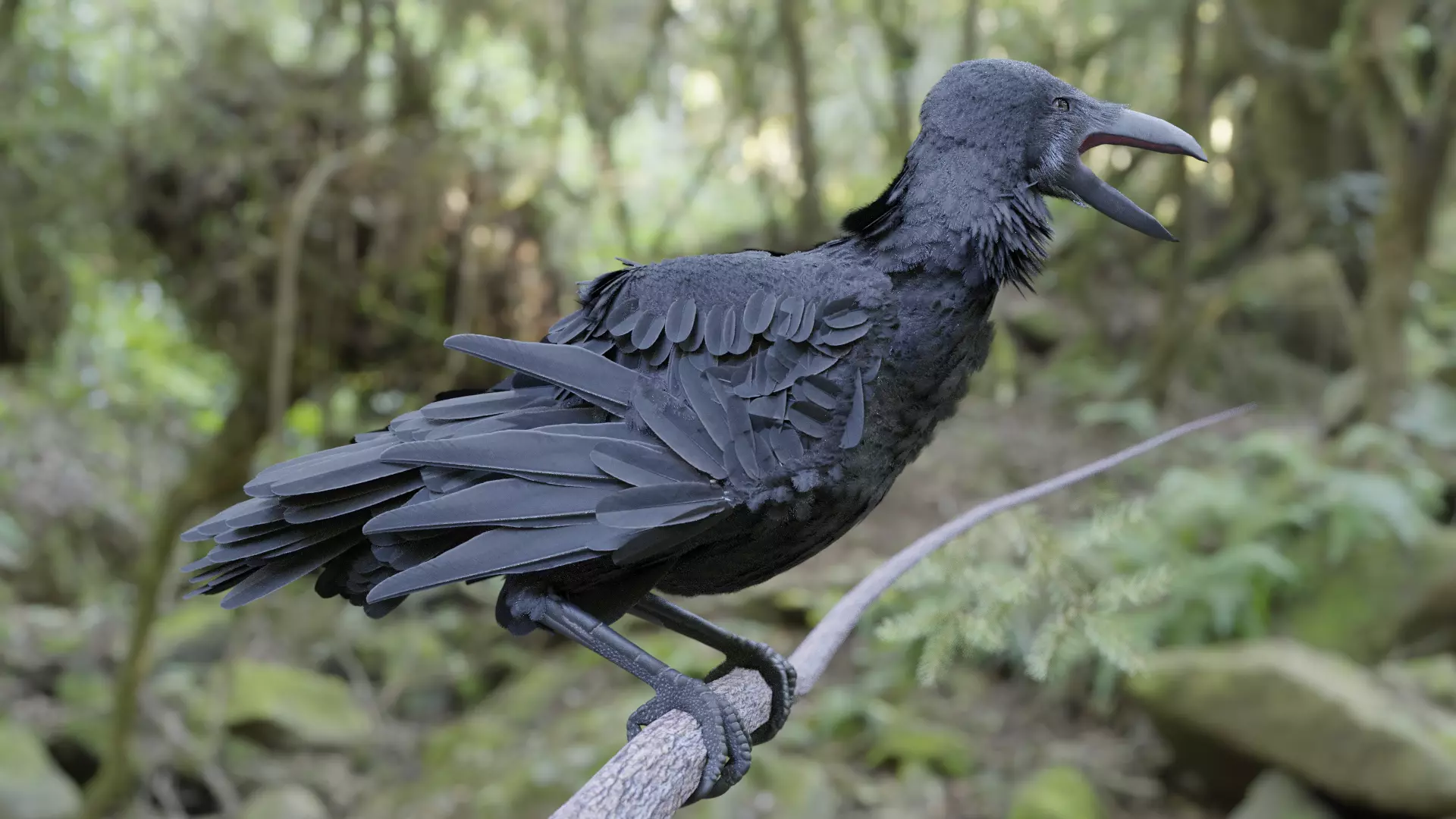 raven paper sculpture of crow perched on branch in forest 3D model_0