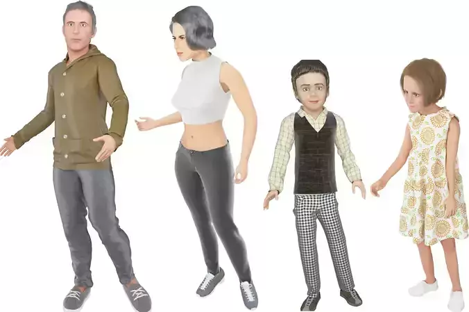 Family 4x models real cloth simulation conversation animation 2 3D Model Collection
