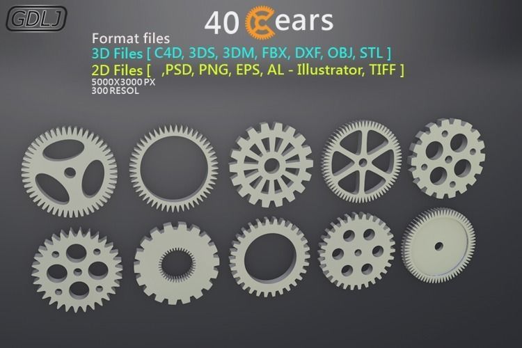 40 Gears 3D-2D Format files Low-poly 3D model_1