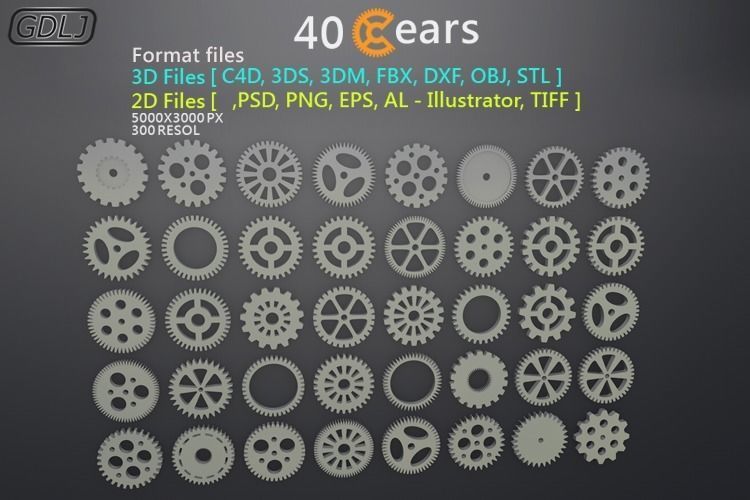 40 Gears 3D-2D Format files Low-poly 3D model_7