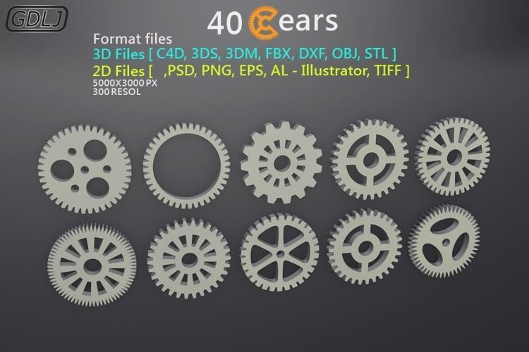 40 Gears 3D-2D Format files Low-poly 3D model_2