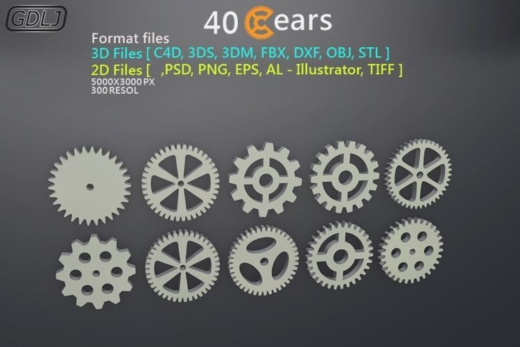 40 Gears 3D-2D Format files Low-poly 3D model_4