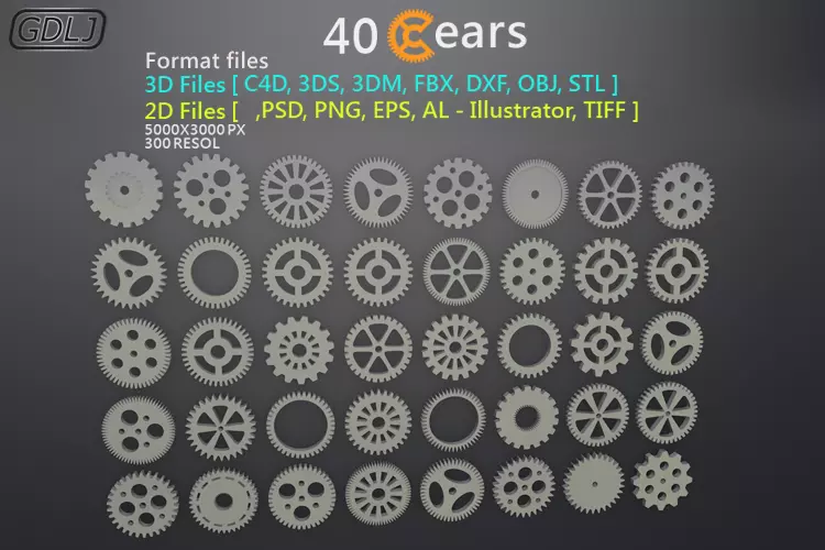 40 Gears 3D-2D Format files Low-poly 3D model_0