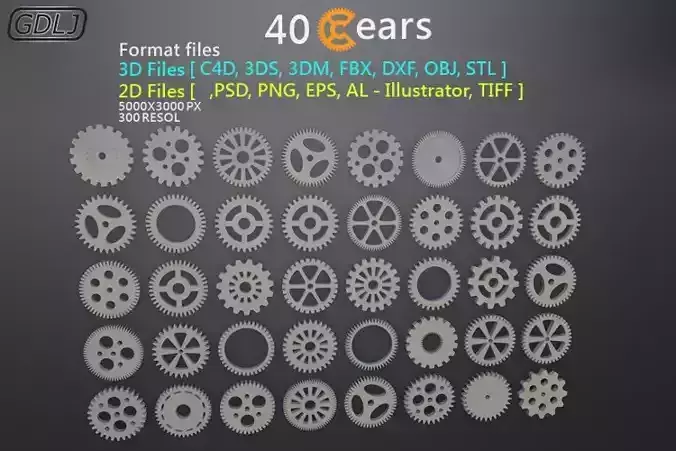 40 Gears 3D-2D Format files Low-poly 3D model