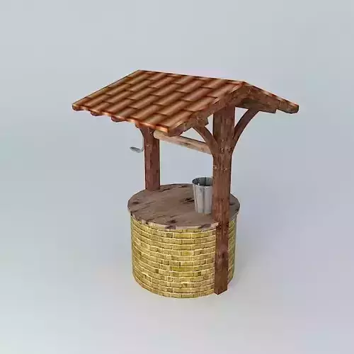 Well wooden watering can with tiled roof