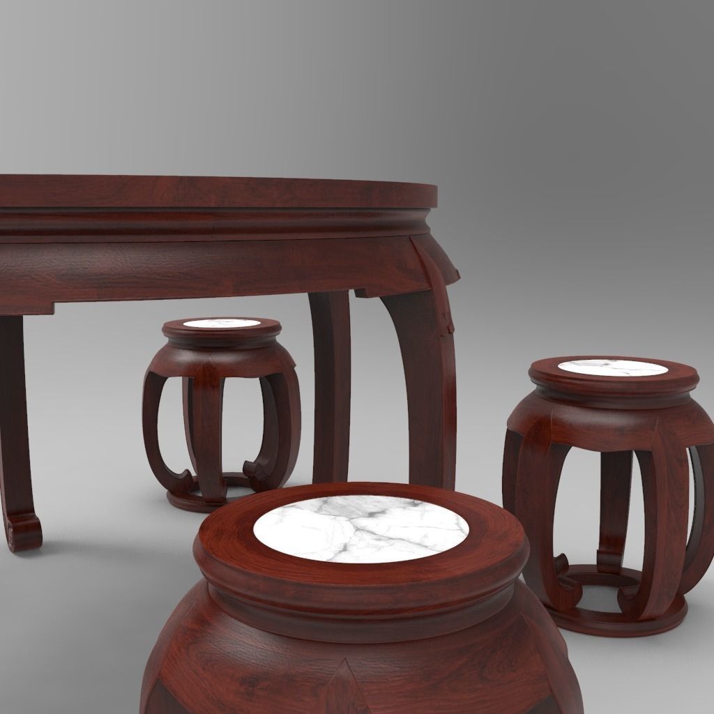 Traditional Chinese Table and stool with PBR textures - set 1 3D model_6