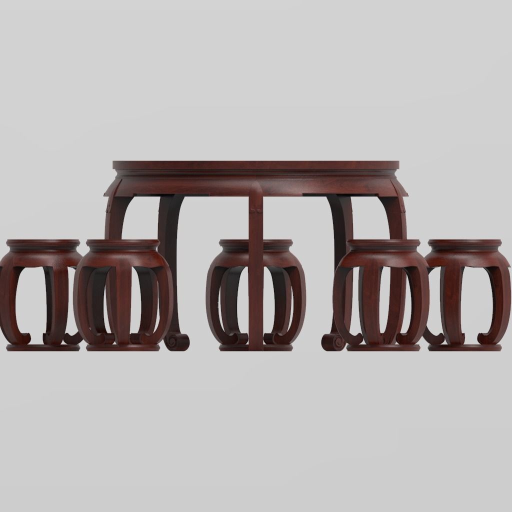 Traditional Chinese Table and stool with PBR textures - set 1 3D model_5