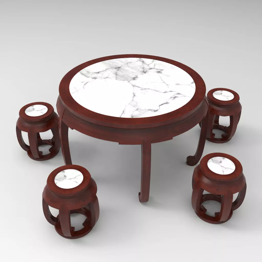 Traditional Chinese Table and stool with PBR textures - set 1 3D model_0