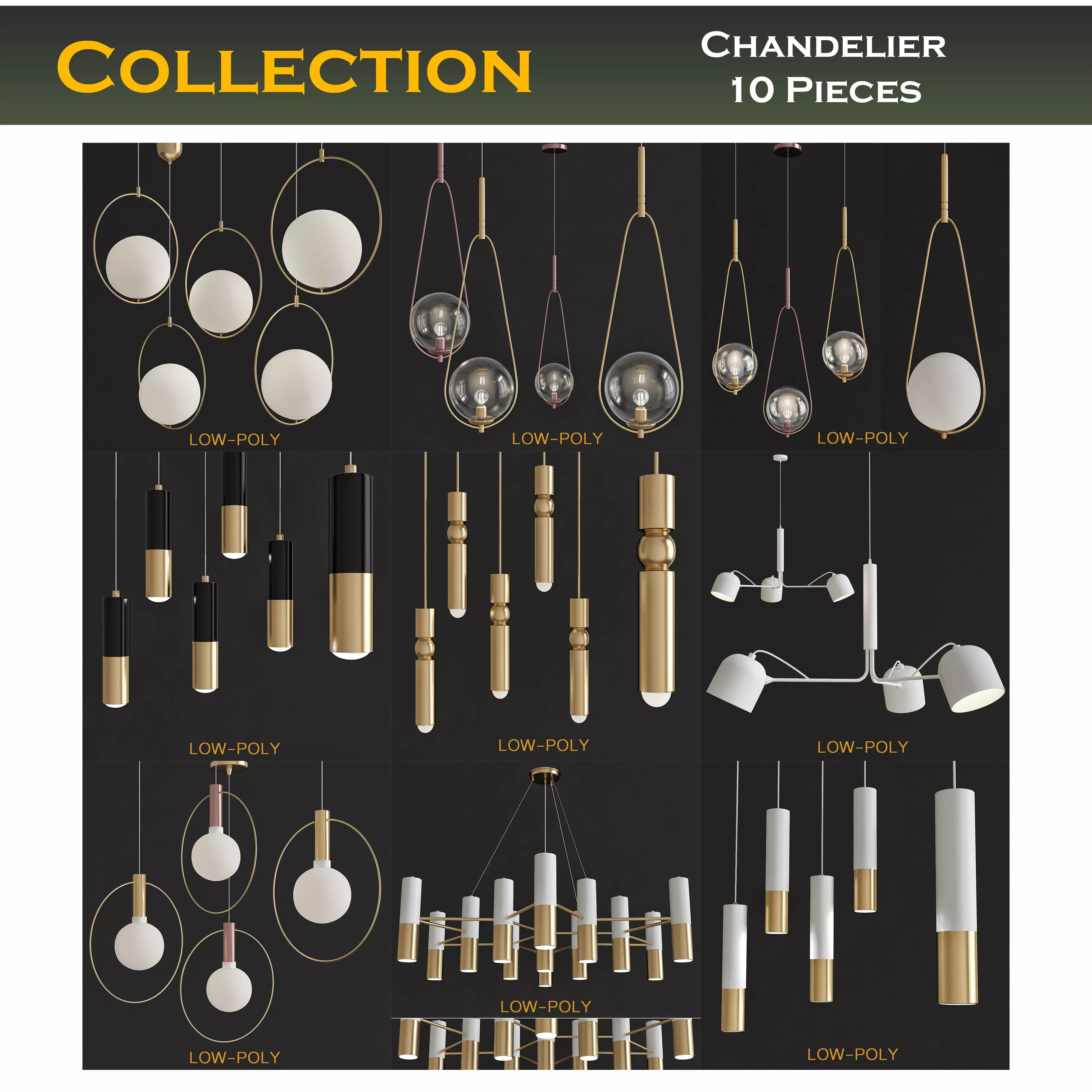 Chandelier 3d model collection 10 Pieces Low-poly 3D model_0