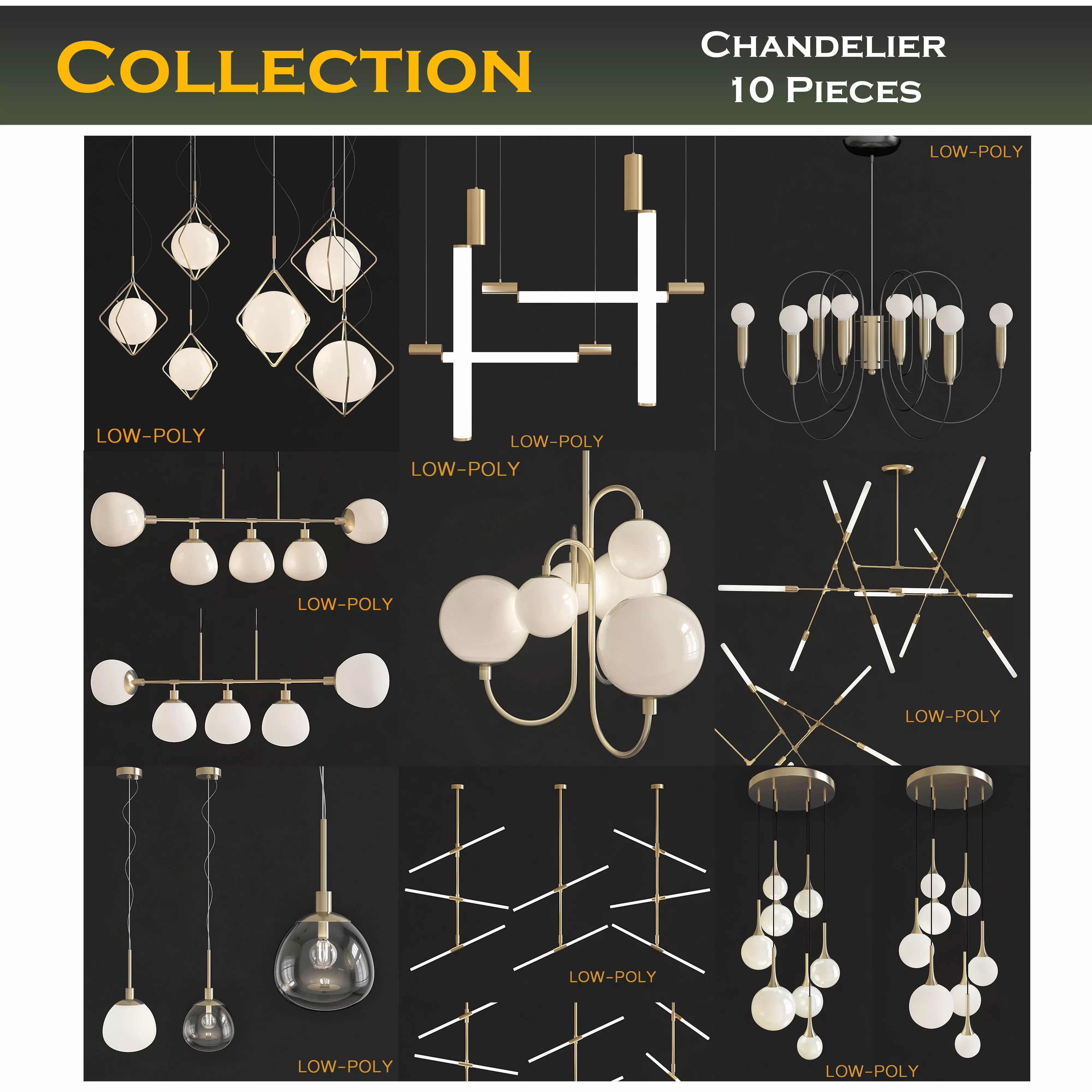 Chandelier 3d model collection 10 Pieces Low-poly 3D model_0