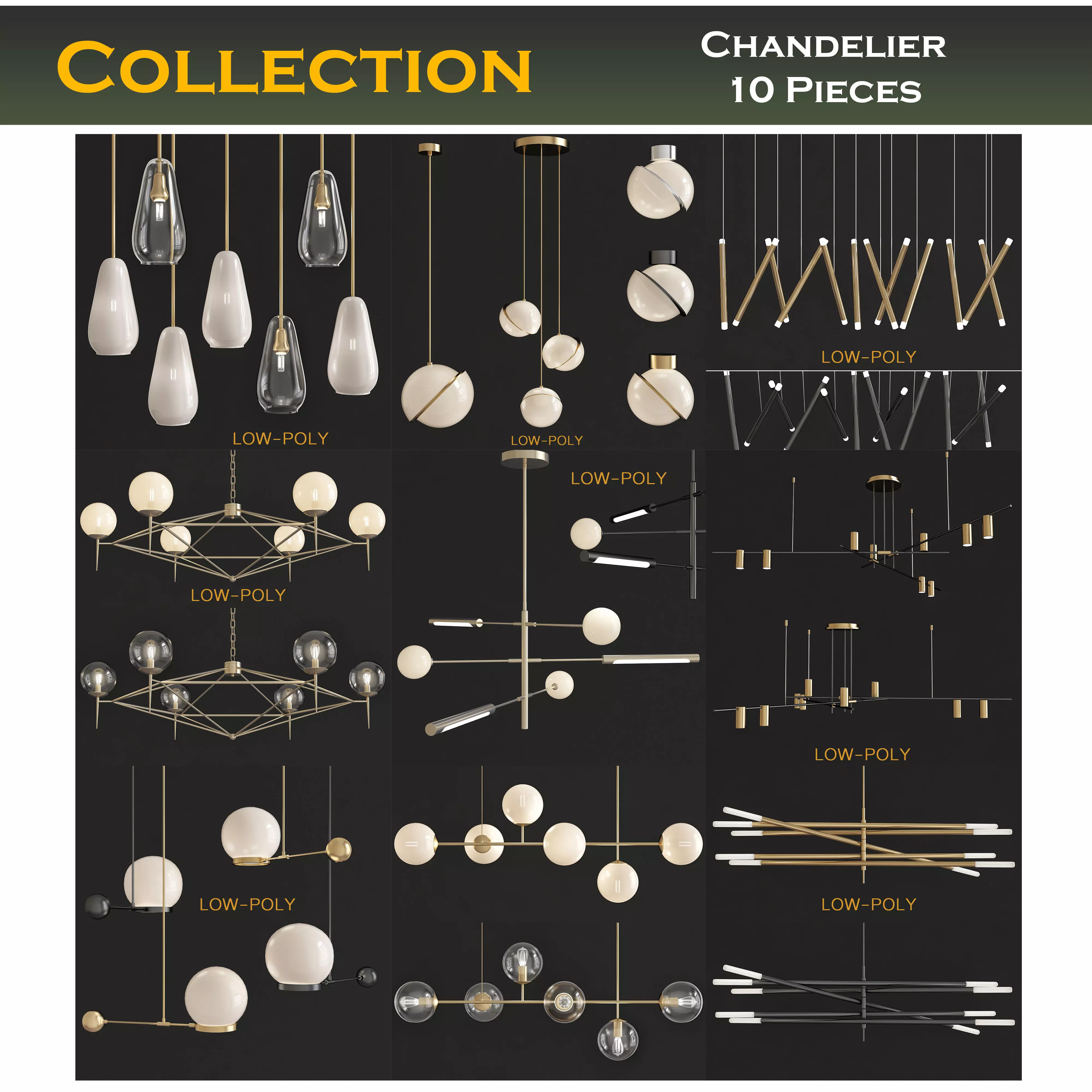Chandelier 3d model collection 10 Pieces Low-poly 3D model_0