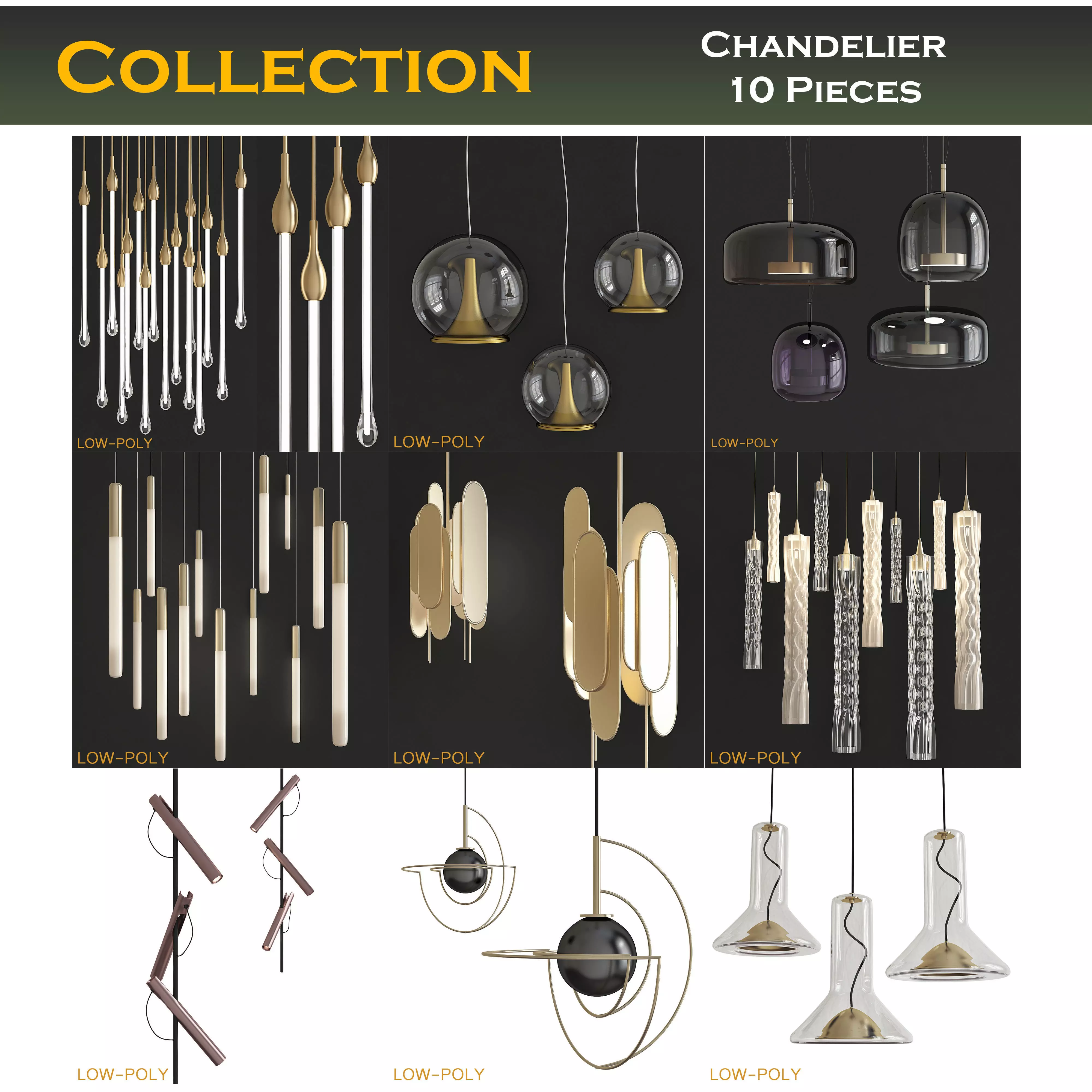 Chandelier 3d model collection 10 Pieces Low-poly 3D model_0